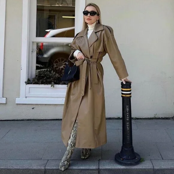 BLOGGER'S FAVE! Zara Faux Leather Trench Coat Tan Brown NWT - Picture 2 of 13